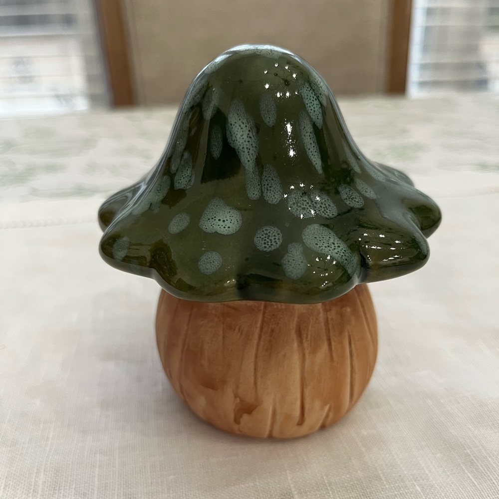 VTG Drip Glaze Ceramic Green and Tan Ceramic Mushroom Figurine Garden Retro